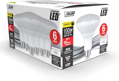 Feit Electric BR30 LED Light Bulbs, 100W Equivalent, Dimmable, E26 Standard Base, 80 CRI, 1400 Lumens, 3500K Neutral White, 120V, 10 Years Lifetime, Damp Rated, 6 Pack, 100BR30DM83510KLED/6