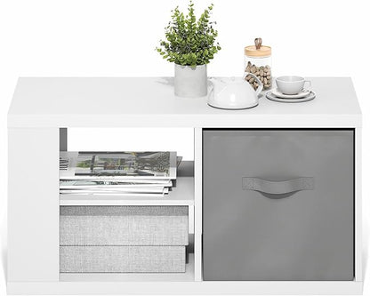 Furinno Viola Coffee Table, 3-Tier Modern Coffee Table with 1.2 Thick Tabletop, Side Table with Open Shelf and Storage Bin, for Living Room, Bedroom, Home Office, White/Light Grey