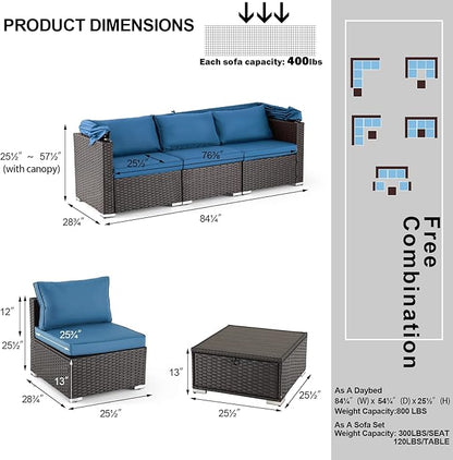 HOMREST 6 Pieces Patio Furniture Sets, Rattan Daybed with Retractable Canopy, Outdoor Sectional Sofa Set with Adjustable Backrest, Chaise Chair Sunbed for Garden Poolside Backyard (Blue)