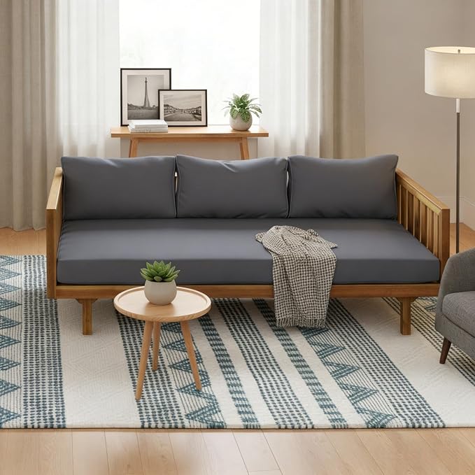 Merax Solid Acacia Wood Couch Chaise Lounge Chair Indoor, 3 Seater Daybed Sofa Couches with Cushions & Pillow, Heavy Frame Day Bed for Living Room, Office, Outdoor, Balcony, Patio, Water Resistant