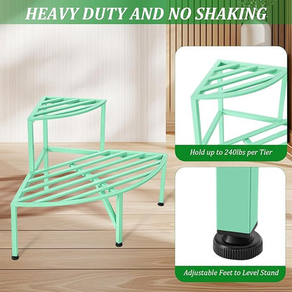 Corner Plant Stand Outdoor Metal,2 Tier Heavy Duty Ladder Plant Shelf Indoor for Multiple Plants,37.08" L x 22.83" W x 20.07" H,Mint Green