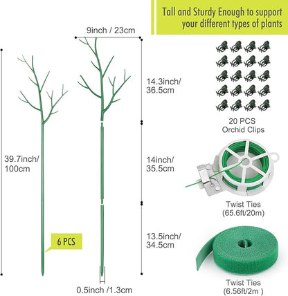 6 Pack Plant Support Stakes for Indoor Plants, 39.37 Inch Tall Twig Plant Sticks with Orchid Clips Twist Ties and Plant Ties for House Potted Monstera Plants Support, Green