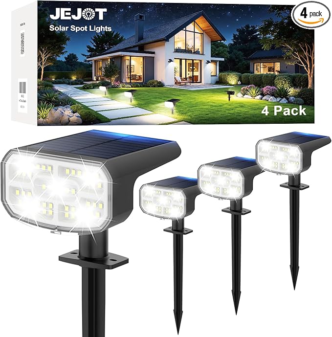 Solar Spot Lights Outdoor Waterproof IP65,4 Pack,Cool Light,2 Lighting Modes Selectable, Solar Powered Yard Garden Solar Spot Lights for Outside Landscape Auto On/Off