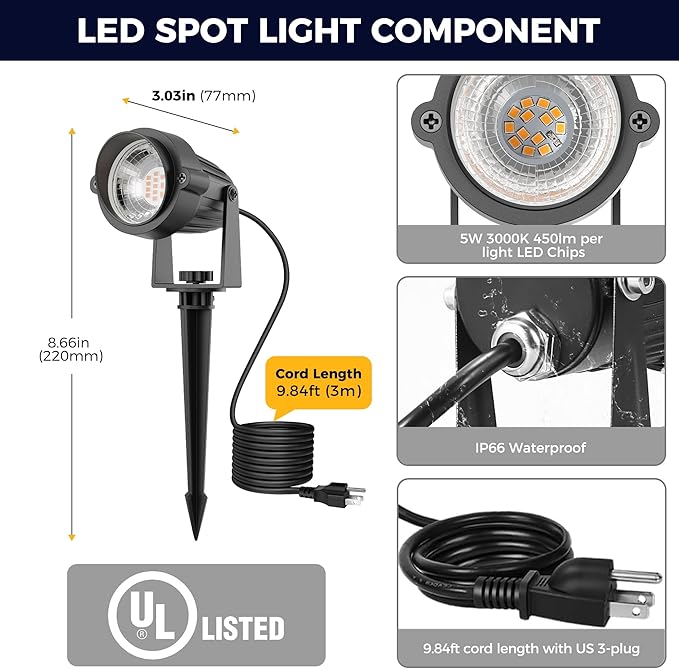 L LOHAS LED Outdoor Landscape Lighting, Auto On/Off 3000K Low Voltage Landscape Lighting, IP66 Waterproof Spot Lights for Yard, Outside, Garden, House, Pathway, Plant, Holiday Decor (10 Pack)