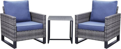 Belord Outdoor Bistro Set 3 Piece Outdoor Wicker Patio Chairs, Oversize Outdoor Rattan Seating Set, All-Weather Chairs Wicker Furniture with Metal Side Table and Water-Resistant Cushion for Outside