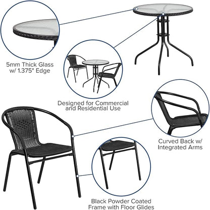 Flash Furniture Lila 28'' Round Glass Metal Table with Black Rattan Edging and 2 Black Rattan Stack Chairs