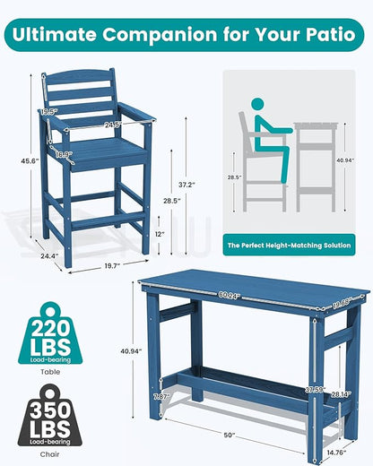 SERWALL Outdoor Bar Set - 2 Adirondack Bar Chairs & Bar Height Table with 1.6" Umbrella Hole, All-Weather HDPE Patio Furniture for Poolside, Backyard, Garden - Blue