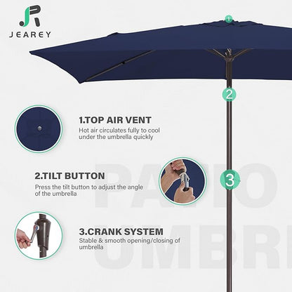 JEAREY 6.5x10 ft Rectangular Patio Umbrellas Rectangle Outdoor Umbrella with Push Button Tilt and Crank, Market Table Umbrella 6 Sturdy Ribs UV Protection for Poolside Garden Backyard Deck, Navy