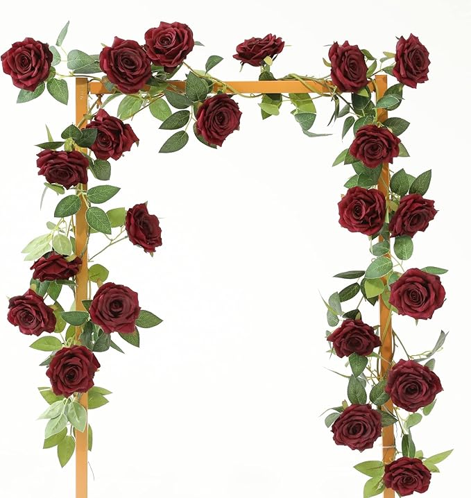Artificial Silk Rose Garland Vines, 2 Pack 73 Inch, Burgundy
