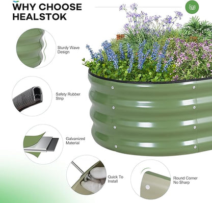 Galvanized Raised Garden Bed Outdoor, 4x2x1ft Oval Metal Raised Beds for Gardening, Rust-Resistant Garden Planter Box with Tools for Planting Vegetables, Flowers, Fruits in Lawn (Olive Green)