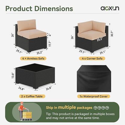 Aoxun 10 Piece Patio Furniture Set Wicker Rattan Patio Sectional Sofa Set Outdoor Seating Furniture with Thickened Cushion, Beige
