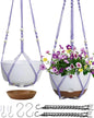 2 Pack Hanging Planters Set,10 Inch Indoor Outdoor Hanging Plant Pot Basket,Hanging Flower Pot with Drainage Hole with 3 Hooks for Garden Home(Purple Hanger White Planters)