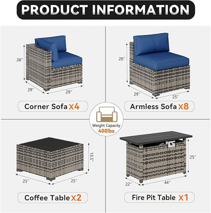 Aoxun Patio Furniture Sets, 15-Piece Outdoor Patio Furniture with 44'' Propane Gas Firepit Table, Wicker Outdoor Conversation Set Sectional Sofa for Backyard, Poolside, Garden
