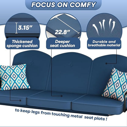 3 Seat Outdoor Porch Patio Swing with Stand 800lbs 2-in-1 Convertible Swing Bed with Adjustable Canopy & Removable Cushion for Yard Garden Deck (Blue, Square Tube)