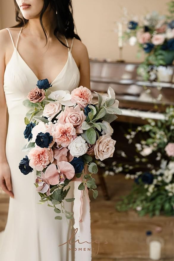 Artificial Bridal Bouquet in Dusty Rose and Navy, Cascading Silk Flowers with Pearls