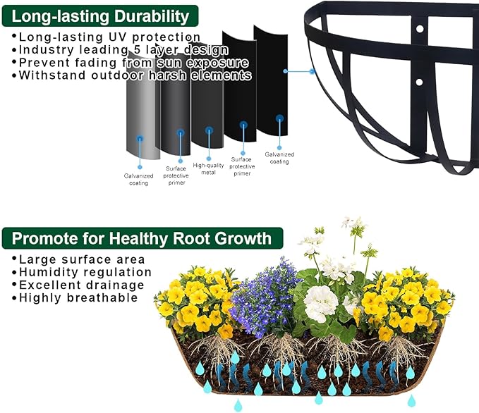 36'' Window Box Railing Planter with Coco Liner,2 Pack Horse Trough Planters Black Metal Hanging Flower Planters Basket for Porch Fence Patio Indoor Outdoor Lawn