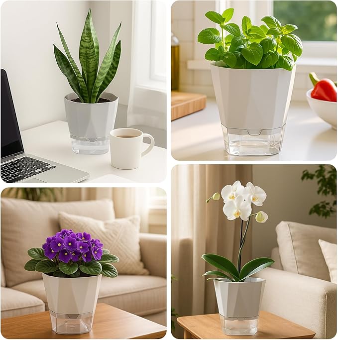 5 Pack Self Watering Pots for Indoor Plants 6.7 Inches Self Watering Planters African Violet Self Watering Pots Clear Pot for Herb Orchid Flower Houseplant, Light Grey