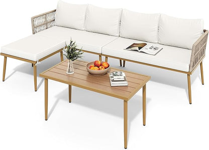 DWVO 6 Pieces Patio Furniture Set, L Couch Outdoor with Coffee Table&Washable Cushions, Outdoor Patio Sectional Wicker Rattan Conversation Sectional Set for Garden Yard Pool Beige