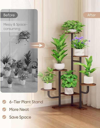 Corner Plant Stand Indoor - 6 Tiered Indoor Plant Stand Round Metal Plant Shelf, Plant Organizer for Living Room, Graden, Balcony, Home Decor (Brown)