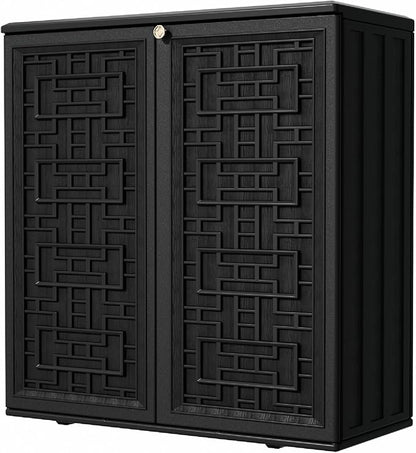 Outdoor Storage Cabinet Waterproof with Shelf,Resin Storage Sheds Outdoor Cabinets for tub Towels/Chemicals/Grill Items/Patio/Garden/Backyard, Size 34.3''L*15''W*36.2''H（Black）