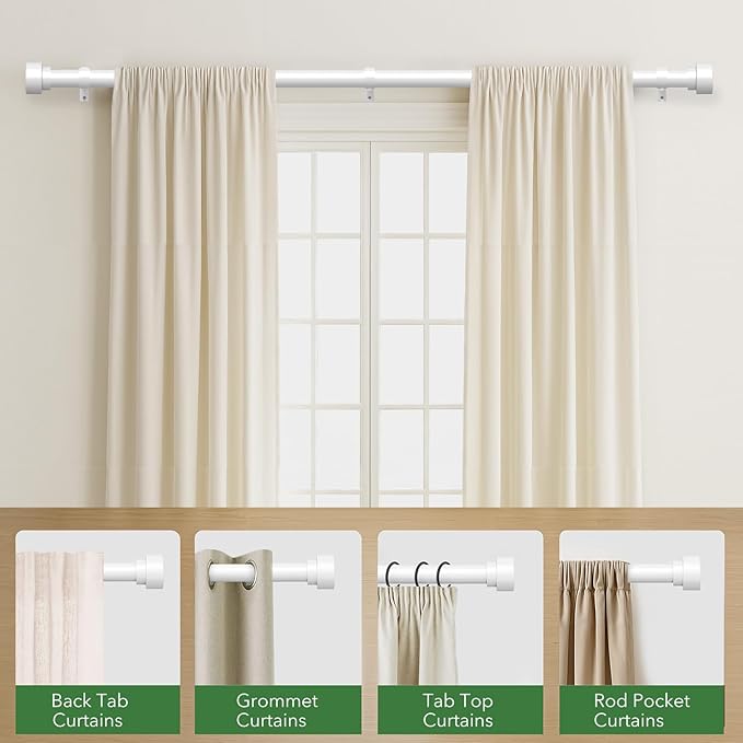 Curtain Rods for Windows 72 to 144, 1 Inch Adjustable White Extra Long Heavy Duty Curtain Rod for Patio Bedroom, Modern Style Indoor Outdoor Window Drapery Rods with End Caps, Size 32" - 150"