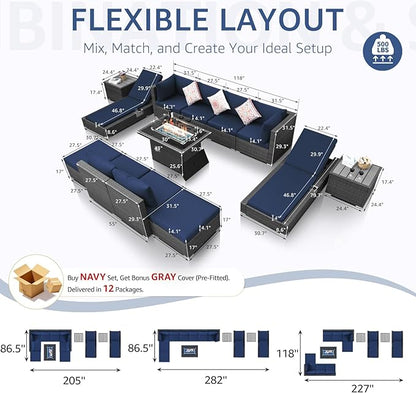 NICESOUL 13 Piece Patio Furniture with Fire Pit, Heavy Duty Wicker Outdoor Sectional with Firepit Table & Chaise Lounge, Big Large Sectional 10-Seats w/Firepit Propane/Natural Gas, Gray & Navy Blue