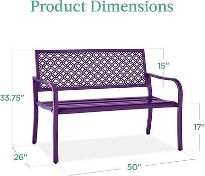 Best Choice Products Outdoor Bench 2-Person Metal Steel Benches Furniture for Garden, Patio, Porch, Entryway w/Geometric Backrest, 790lb Capacity - Dark Purple