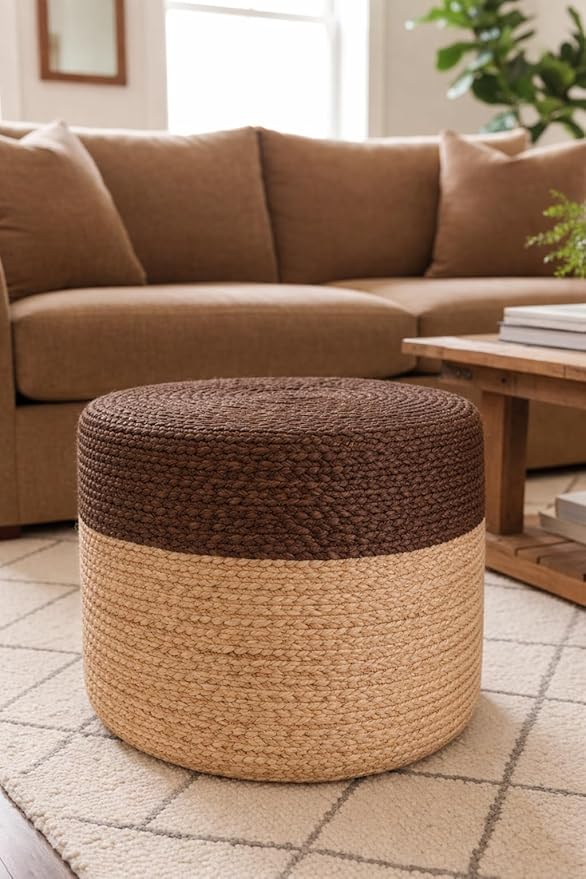S & L Homes Pouf Ottoman - 100% Jute Braided Footrest Pouf Hand Knitted Traditional Cord Boho Pouffe for Living Room, Bedroom, Nursery, Patio, Lounge Colorblock - Natural Brown (18”x18”x12”)
