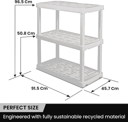 Oskar Heavy Duty Plastic Storage Shelves- for Garage, Kitchen, Bathroom Basement Kids Room, Stackable 3-Tier White, Organizer Rack for Books Shoes, Toys, Pantry, Cleaning and Closet Organization