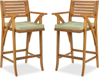 Best Choice Products Set of 2 Outdoor Acacia Wood Bar Stools Bar Chairs for Patio, Pool, Garden w/Weather-Resistant Cushions - Sage