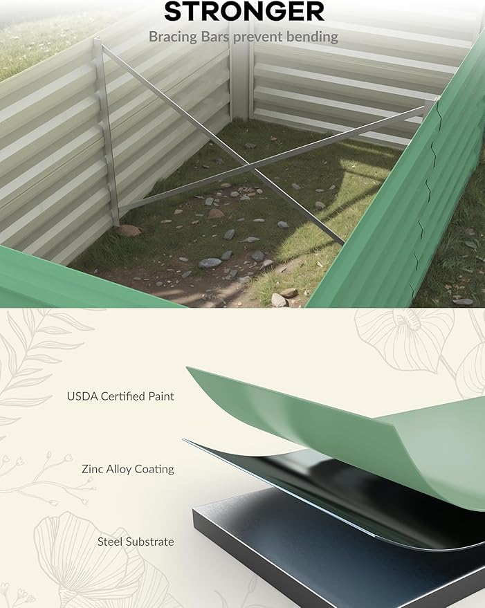 GarveeLife 6x3x2 ft Galvanized Raised Garden Bed, 24" Tall Metal Planter Box for Flowers Vegetables, Rust-Resistant Raised Garden Beds for Gardening, Easy Assembly Outdoor Garden Box & Planters, Green