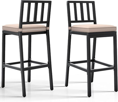 YITAHOME Outdoor Bar Stools Set of 2, Cushioned Metal Outdoor Bar Stools w/Vertical Stripe Back, All-Weather Patio Bar Stools for Balcony Backyard Porch Poolside