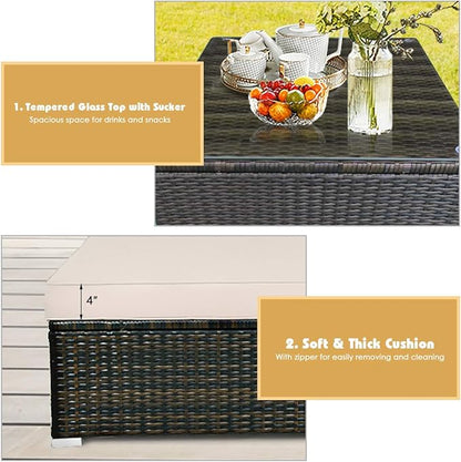 Tangkula 5 Pieces Patio Rattan Furniture Set, Outdoor Sectional Rattan Sofa Set with Back & Seat Cushions, Wicker Conversation Set with Tempered Glass Table for Backyard Porch Poolside (Brown)