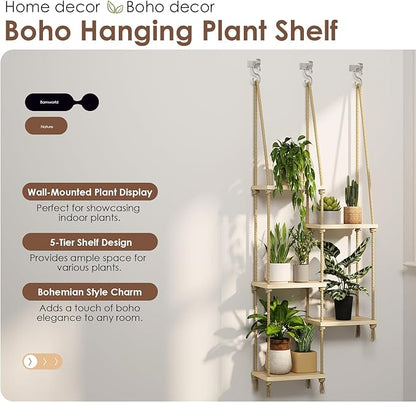 Bamworld Hanging Shelves Plant Hanger Indoor Window Plant Shelves Wood Plant Wall Shelf Window Sill Plant Shelf Indoor Hanging Plant Stand Living Room Decor Garden Boho Decor