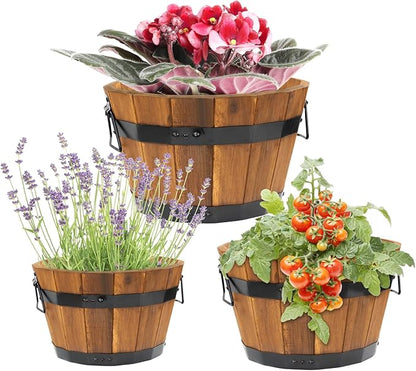 Idzo Set of 3 Wooden Upgraded Brown Orange Flower Boxes Outdoor, Durable Acacia Wood Barrel Planters for Outdoor Plants with Ergonomic Handles, Drainage Holes, Multiple Sizes Wood Bucket Planter