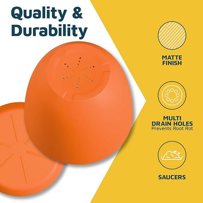 Yellow Plant Pots with Drainage Holes & Saucers 15 Pack, Indoor & Outdoor Stackable Space-Saving Planters for Houseplants & Flowers, (7", 6.7", 6", 5.3", and 4.8" Inches), Durable & Weatherproof