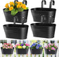 MADHOLLY Railing Planter with Drainage Holes - Sturdy Bucket Pots for Railing Fence, Countryside Style Metal Flower Pots for Herbs Balcony Garden Yard Decor, 4Pcs, Black