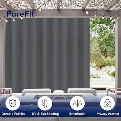 PureFit Outdoor Curtains for Patio Waterproof Weatherproof, UV and Fade Resistant Outside Curtains for Gazebo, Front Porch, Pergola, Sun Blocking Privacy Curtain, 120W x 84L inch, 1 Panel, Gray