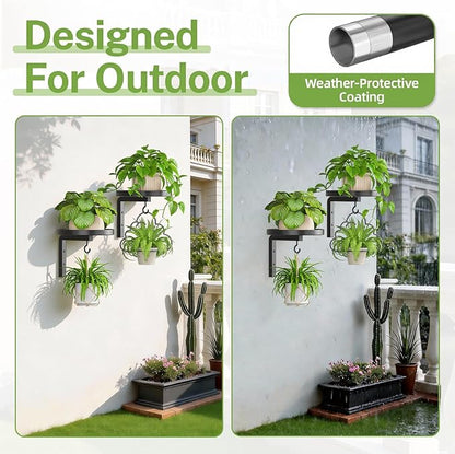 iDavosic.ly Wall Plant Holder Set of 2 for Outdoor with Drain Hole, Metal Hanger with 2 Hooks, Floating Flower Display Stand for Window, Space Saving & Easy to Assemble (Pots/Plants Not Included)