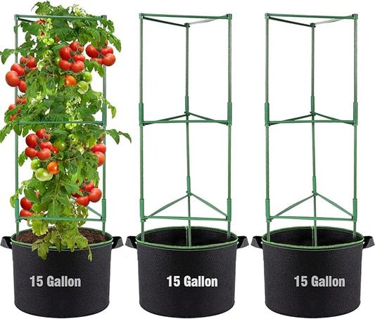 ANPHSIN 3 Sets Tomato Cages with 15 Gallon Grow Bags - 48" Stable Plant Garden Planter, Flowers Vegetable Trellis Pots for Tomato Vertical Climbing Plants Vines