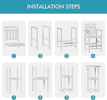 Ciokea 3-Pcs Bistro Table and Chairs, All-Weather Round High Top Bar Table with Storage Shelf and 2 Oversized Adirondack Chairs, Heavy Duty Outdoor Bar Set Patio Bistro Set for Balcony Deck, White