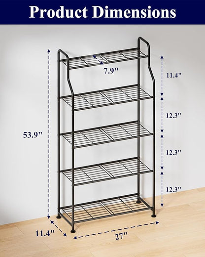 Kitsure Plant Stand Indoor & Outdoor - 5-Tier Metal Plant Shelf with Adjustable Leveling Feet, Easy to Assemble Planter Stand for Patio, Balcony, or Garden (Black, 27" x 11.4" x 53.9")