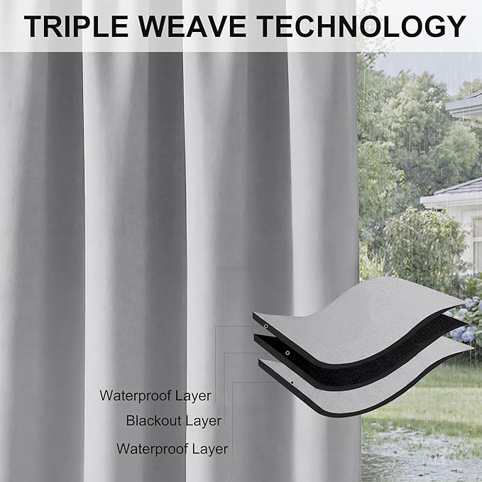 RYB HOME Extra Wide Outdoor Curtains for Patio Waterproof Heavy Duty Thermal Insulated in Summer Full Coverage Privacy for Porch, Cabana & Pool, W120 x L84, Light Grey, 1 Panel