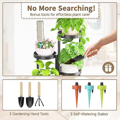 LASZOLA 5 Tiered Folding Tall Plant Stand Indoor for Multiple Large Planter, Heavy Duty Metal Adjustable Flower Rack for Narrow Corner, Sturdy Vertical Spiral Shelving Holder for Modern House, Black