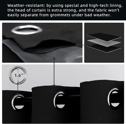 DIVA EN CAMINO DEC Outdoor Patio Curtain Waterproof Darkening Thermal Insulated Indoor Curtains for Bedroom, Porch, Living Room, Pergola, Cabana, W52 x L63, Black, Set of 2 Panels