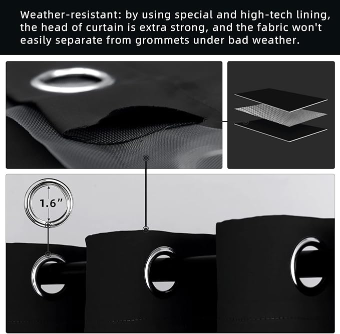 Water Proof Outside Curtains with Grommet Top for Porch, W84 x L95 Thermal Insulated Washable Light Block Outdoor Divider Drapes for Patio Gazebo Deck Pool Area Pergola Cabana (Black)