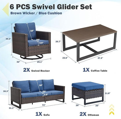 Belord 6 Piece Outdoor Furniture Patio Wicker Sofa Set, Oversize Outdoor Swivel Rocker Chairs with Rattan Ottomans, Conversation Sets Patio Furniture Come with Removable Washable Cushion Blue, Brown