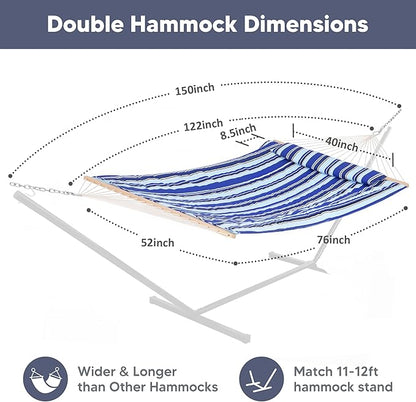 SUNCREAT 2 Person Hammock with Hardwood Spreader Bar, Outdoor Rope Hammock with Polyester Pad, 475 lbs Capacity, Blue Stripes