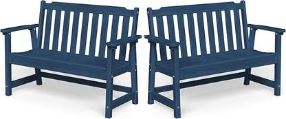 Ciokea 49" Heavy Duty Outdoor Bench Set of 2, HDPE Weatherproof Garden Bench, 2-Person Memorial Benches with 660 Lbs, Waterproof Patio Porch Benches for Outside Business Office Backyard, Navy Blue