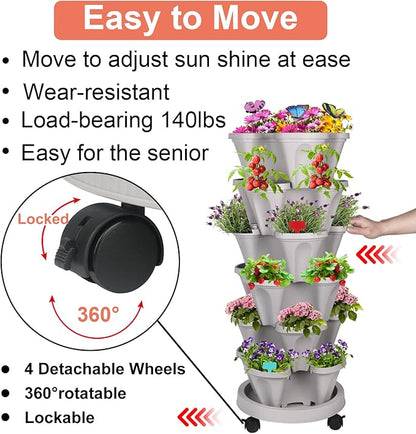 GameXcel Vertical Planter, 6 Tier Stackable Strawberry Planter with Garden Tool Set, Movable Indoor/Outdoor Garden Herb Pot for Growing Vegetables and Succulents, Gray